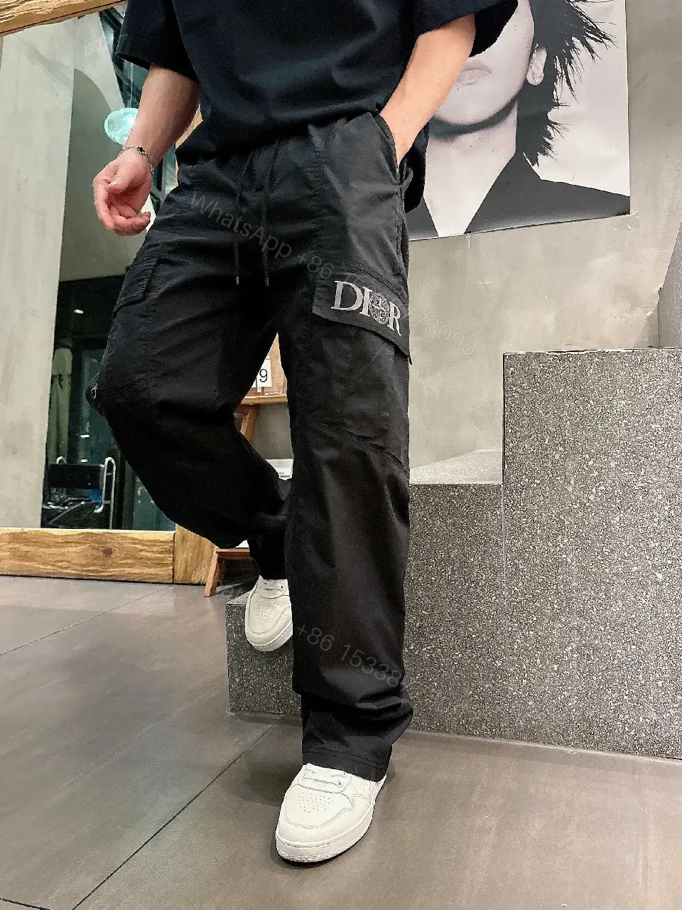 View 3 of Black Cargo Pants - Tactical, Smooth Fabric, Dior Logo Pocket, Relaxed Fit