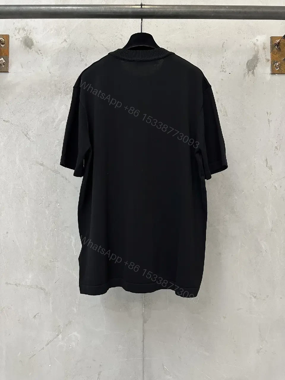 View 9 of Black Plain Knit Short-Sleeve Crew-Neck T-Shirt with Logo Accent