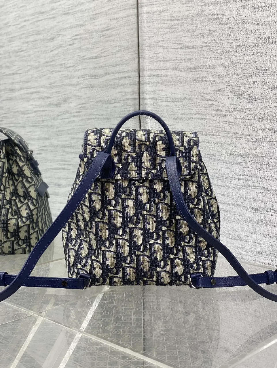 View 6 of Navy Canvas Monogram Compact Backpack with Leather Accents