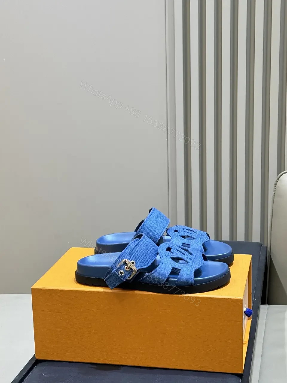 View 2 of Blue Denim Luxury Sandals, Louis Vuitton Style, Open Toe Slides