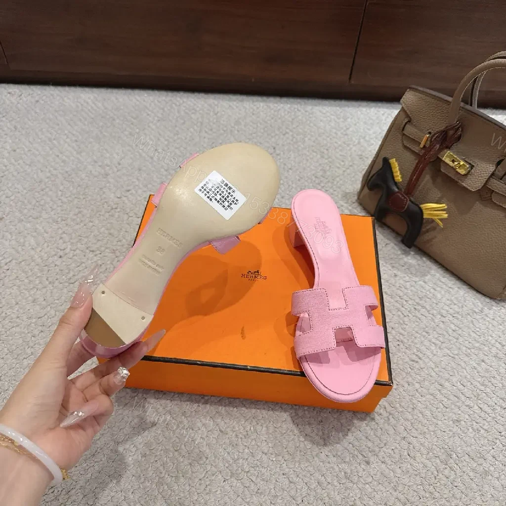View 4 of Pink Leather Hermès-Style Slide Sandals with H-Logo Strap