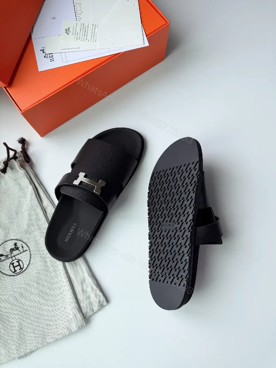 View 4 of Black Leather Slide Metal Buckle Modern Comfort Fit Sandals