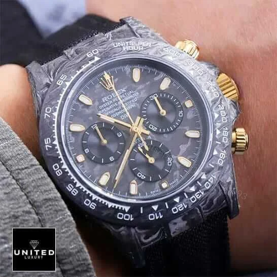 View 6 of Rolex Daytona DiW NTPT Carbon 46490 “All Carbon Lemon Edition” Replica