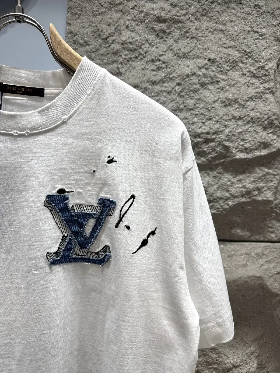 View 3 of White Distressed Tee with LV-Inspired Patch, Short Sleeve, Premium Cotton Blend