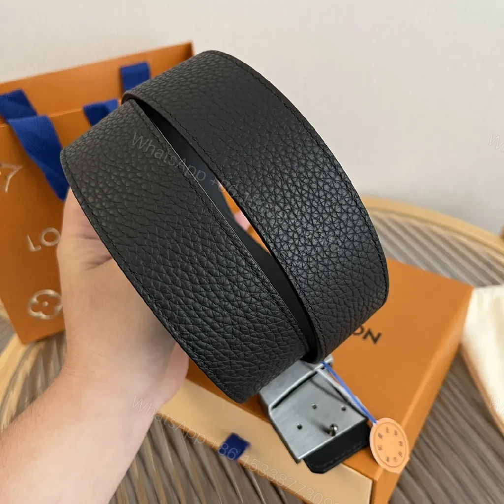 View 3 of Textured Black Leather Belt with Interlock Buckle - Modern Luxury Style