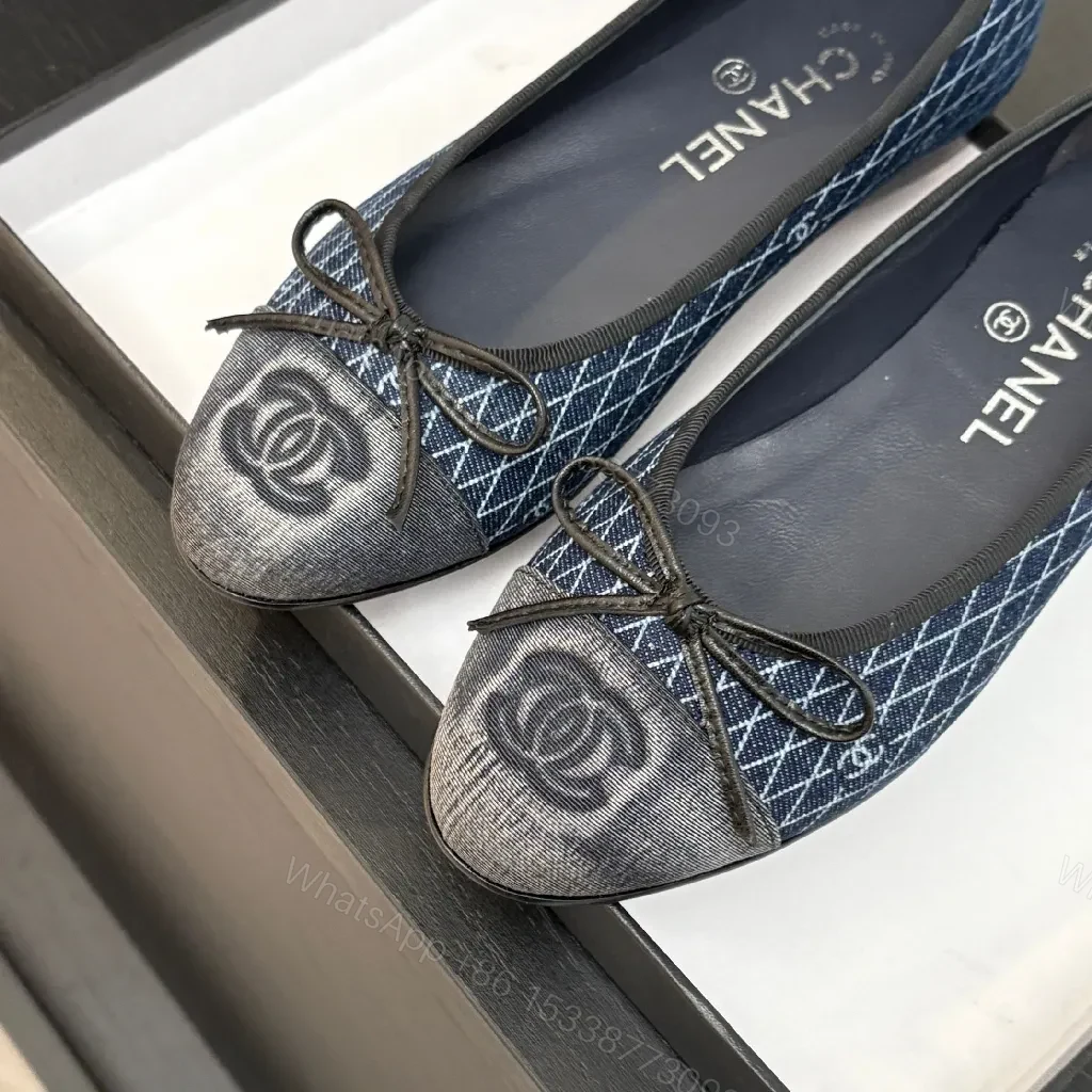 View 3 of Denim-Texture Ballet Flats with Subtle Motif, Flat Style