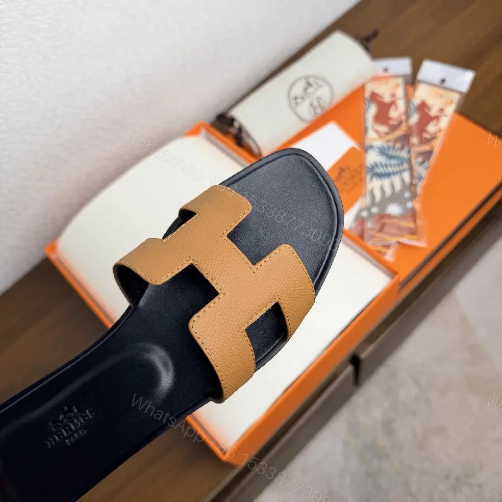 View 3 of Brown Leather Hermes-Style Sandals with Signature H Strap Slides