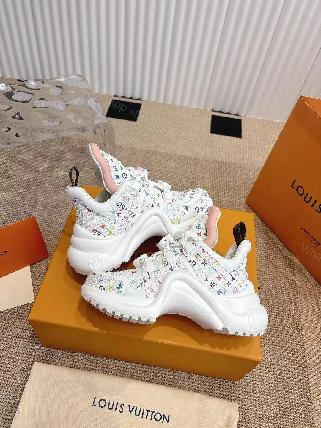 View 5 of LV Women White Leather Multicolor Logo Sneakers