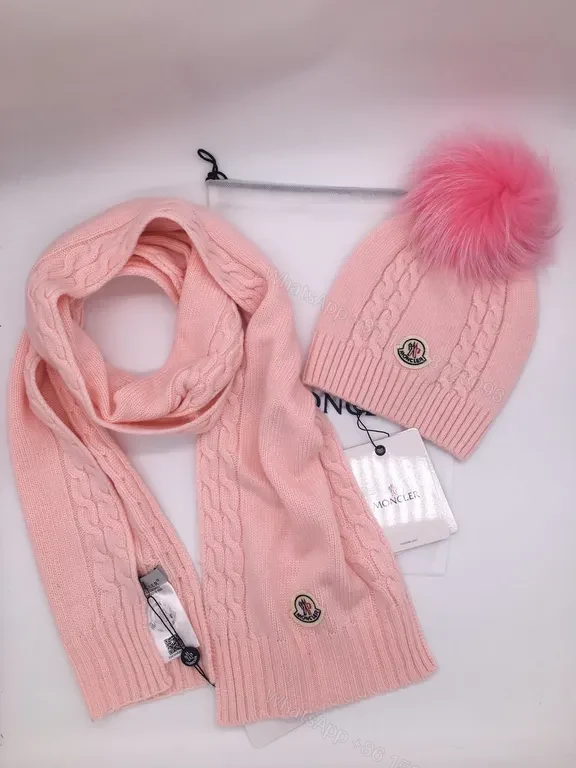 View 7 of Moncler Olive Knit Scarf & Beanie Set â€“ Premium Cable Knit with Faux Fur Pom