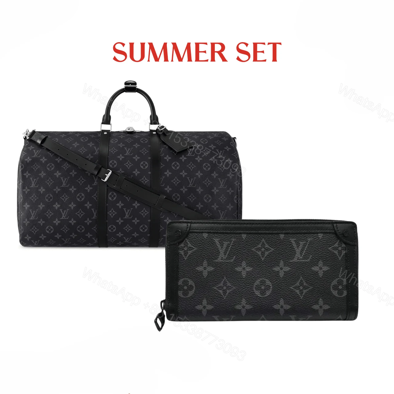 SUMMER SET: LOUIS VUITTON KEEPALL BANDOULIÈRE 50 MONOGRAM ECLIPSE & LONG WALLET MONOGRAM ECLIPSE TRUNK ZIPPY BLACK 19CM — view 1