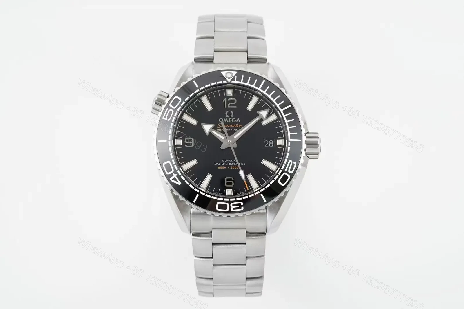 Omega Seamaster Planet Ocean 600m Diver Watch Black Dial Stainless Steel Bracelet Quarter Orange Bezel — view 1