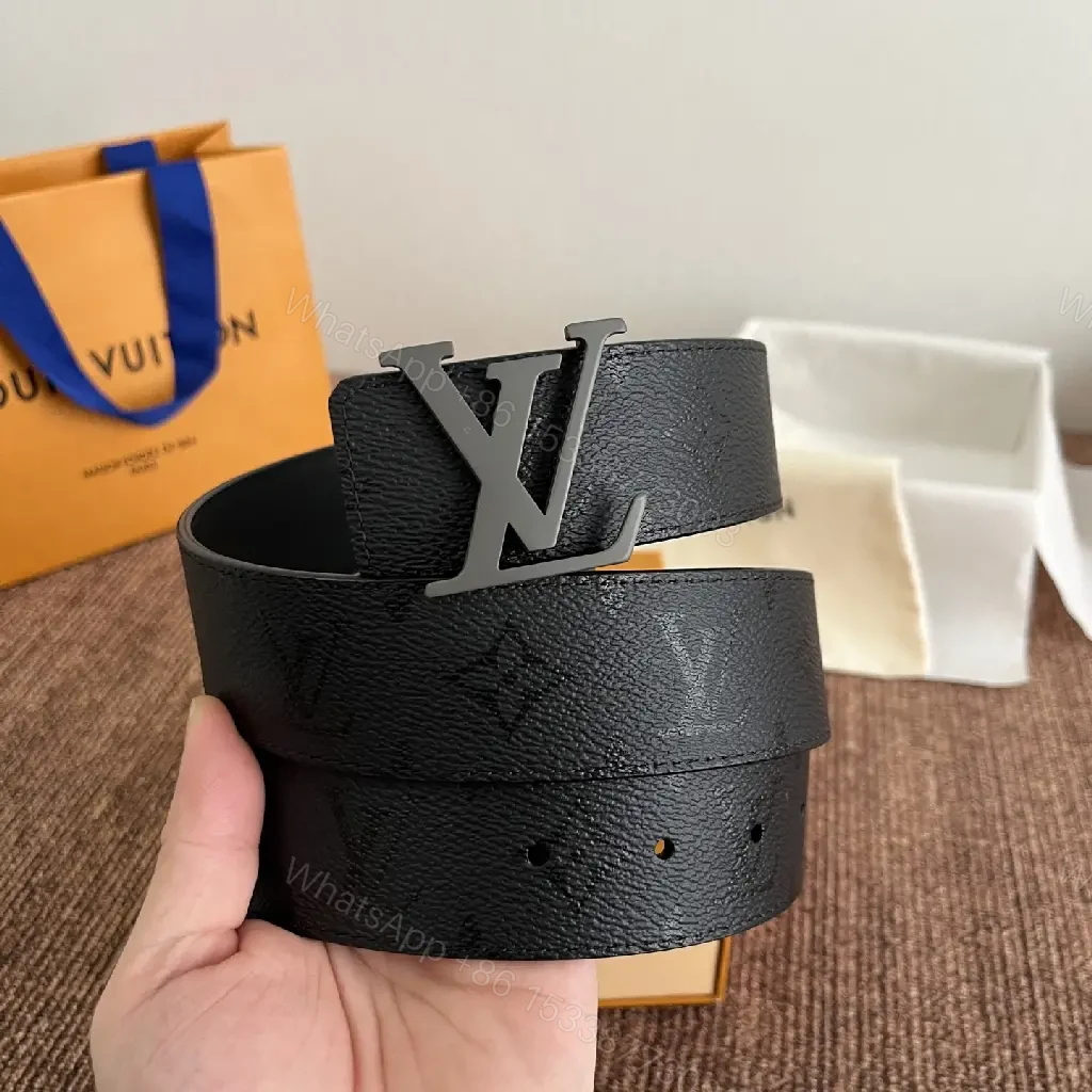 View 6 of Black Leather Belt Matte LV Buckle Slim Width - Center Front