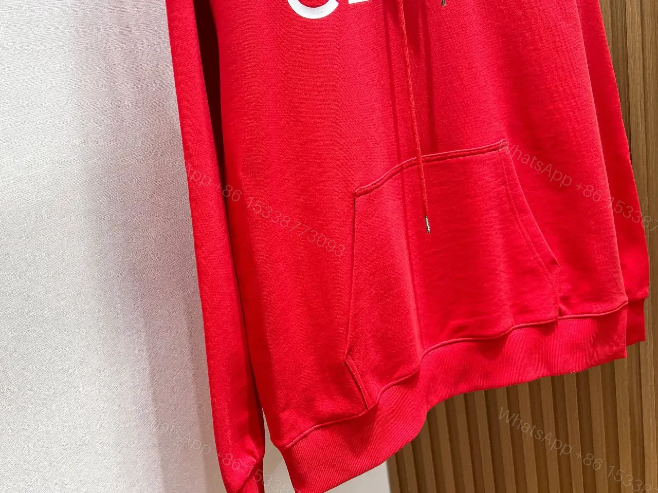 View 7 of Bold Red Hoodie with Celine-Inspired Typography