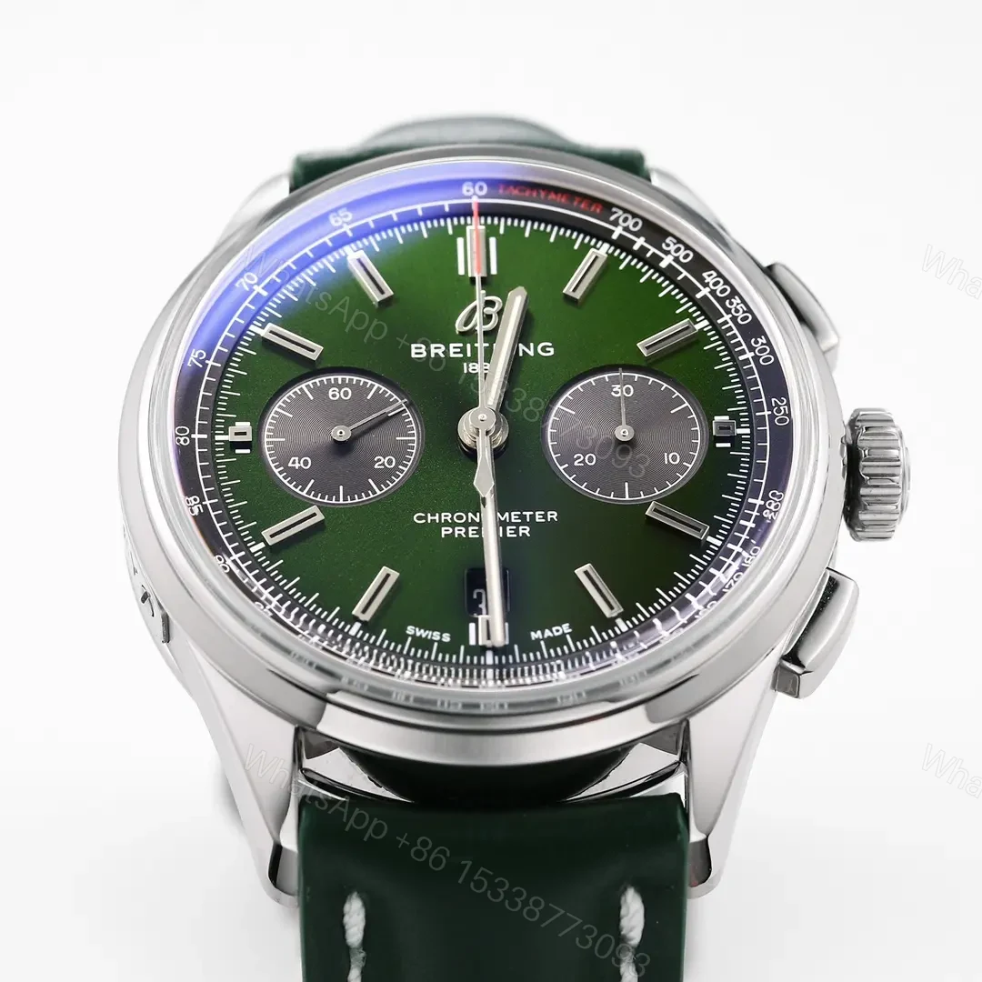 View 3 of JF Factory Breitling Premier B01 Chronograph Watch – Green Dial, 42mm Stainless Steel Case, Leather Strap