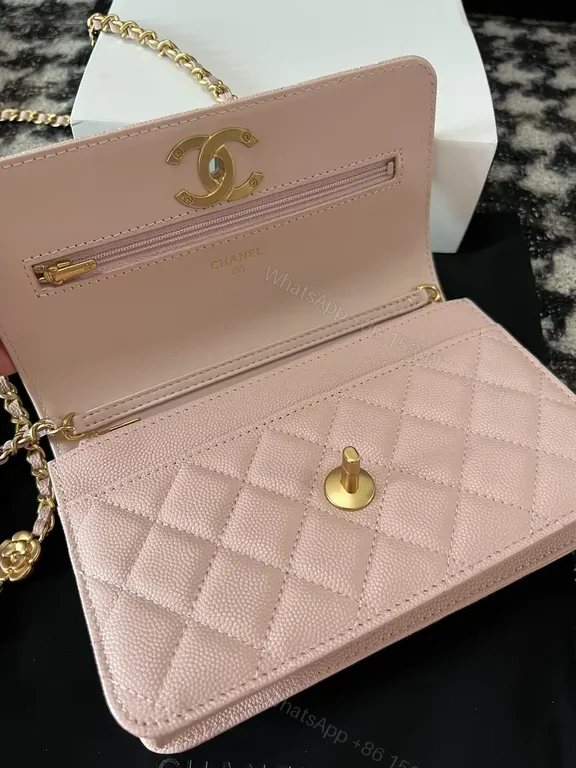 View 6 of Chic Quilted Blush Pebbled Leather Bag with Gold Logo - Shoulder Style