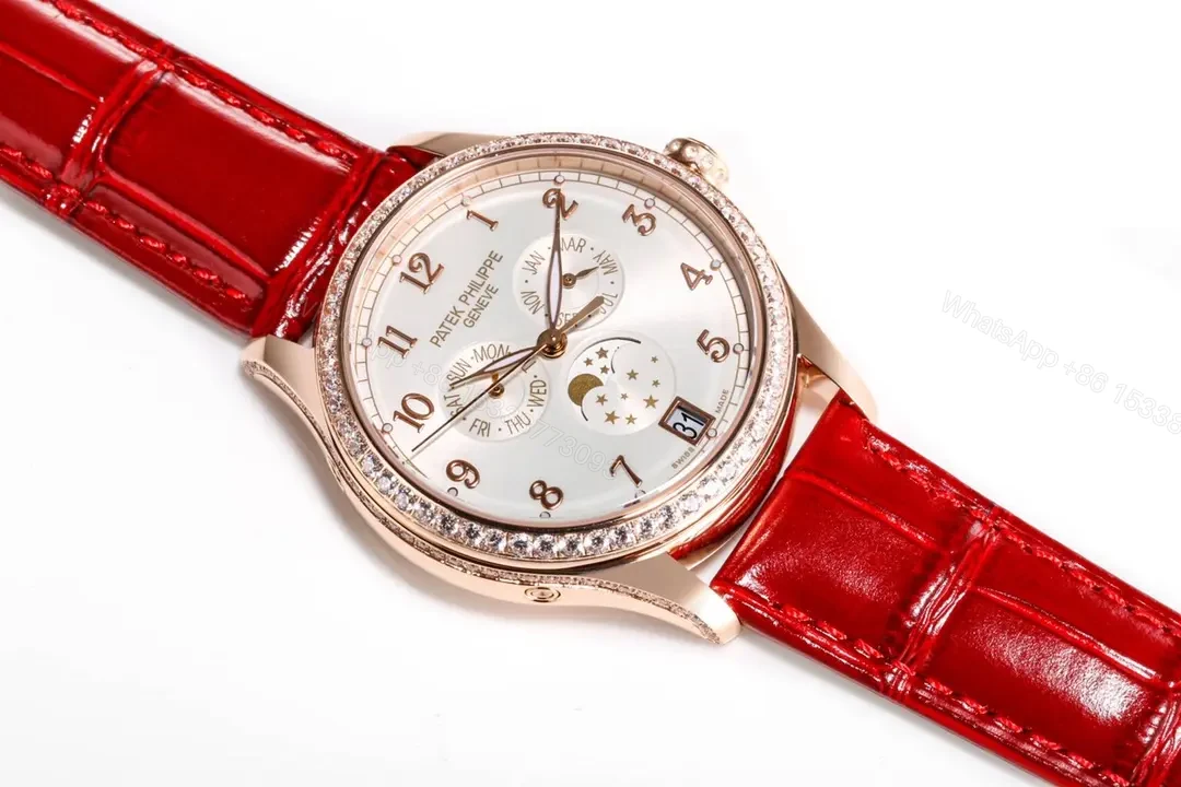 View 9 of Patek Philippe Complications Collection Annual Calendar Moon Phase Women’s Watch in Rose Gold with Diamond Set Case Red Leather Strap and Mother of Pearl Dial