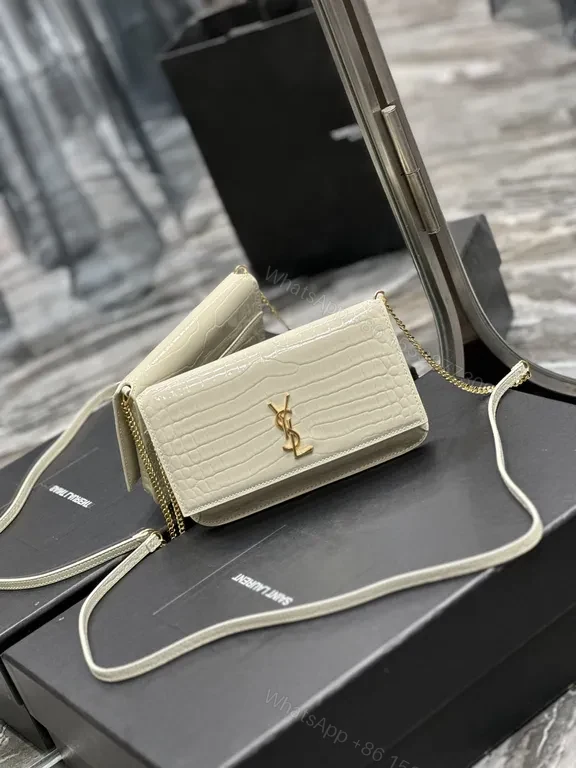 View 4 of Croc-Texture Mini Bag: Luxe YSL Gold Monogram Crossbody