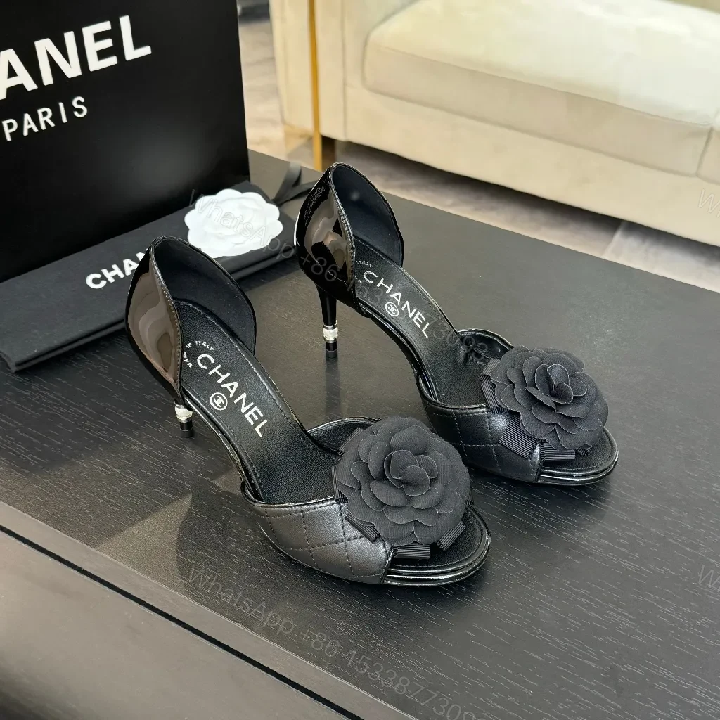 Black Satin Floral Overlay Sandals – Luxe Stiletto, Open-Toe, Memory-Foam Comfort — view 1