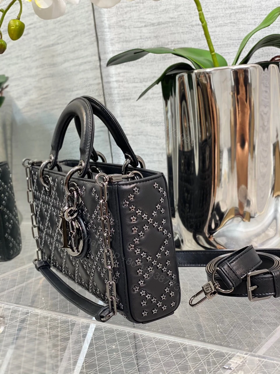 View 3 of Dior D-Joy Super Premium Black Handbag With Star Studs 26cm