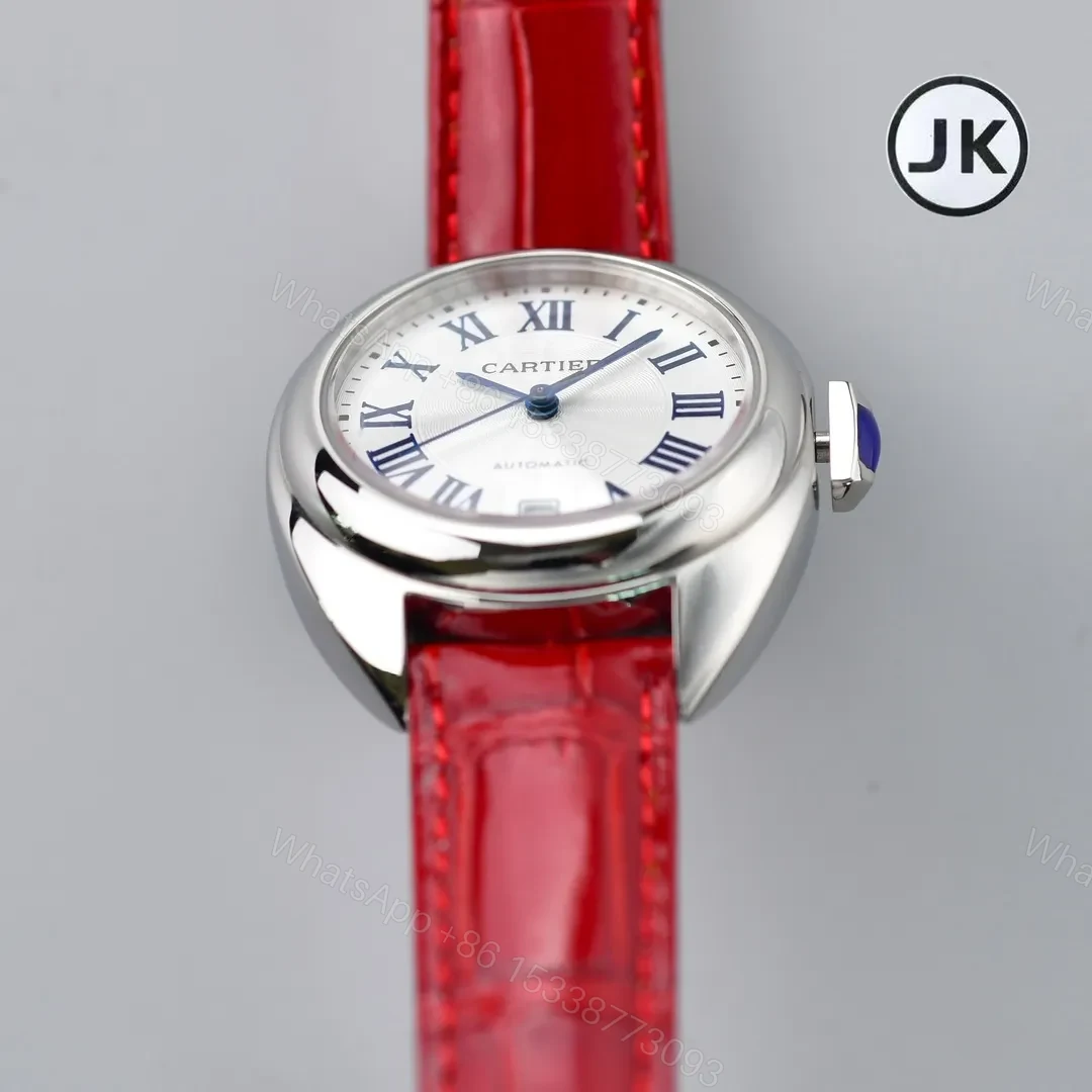 View 6 of V9 Factory Cartier CLE DE Cartier Automatic Watch – Silver Dial, Blue Hands, Red Leather Strap