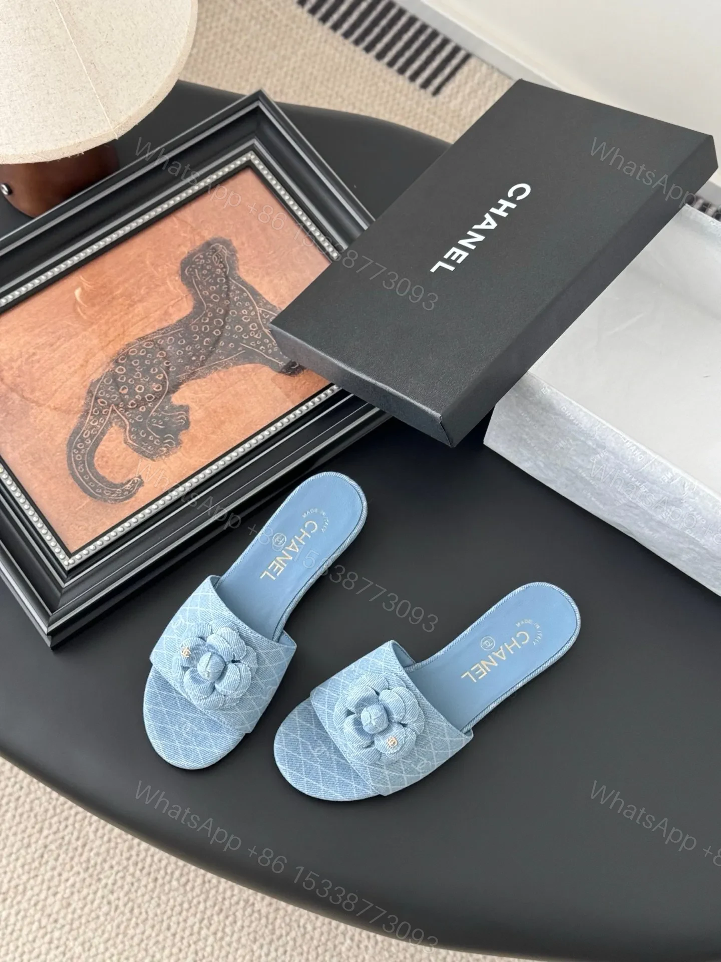 View 5 of Chanel Women Light Blue Fabric Slides