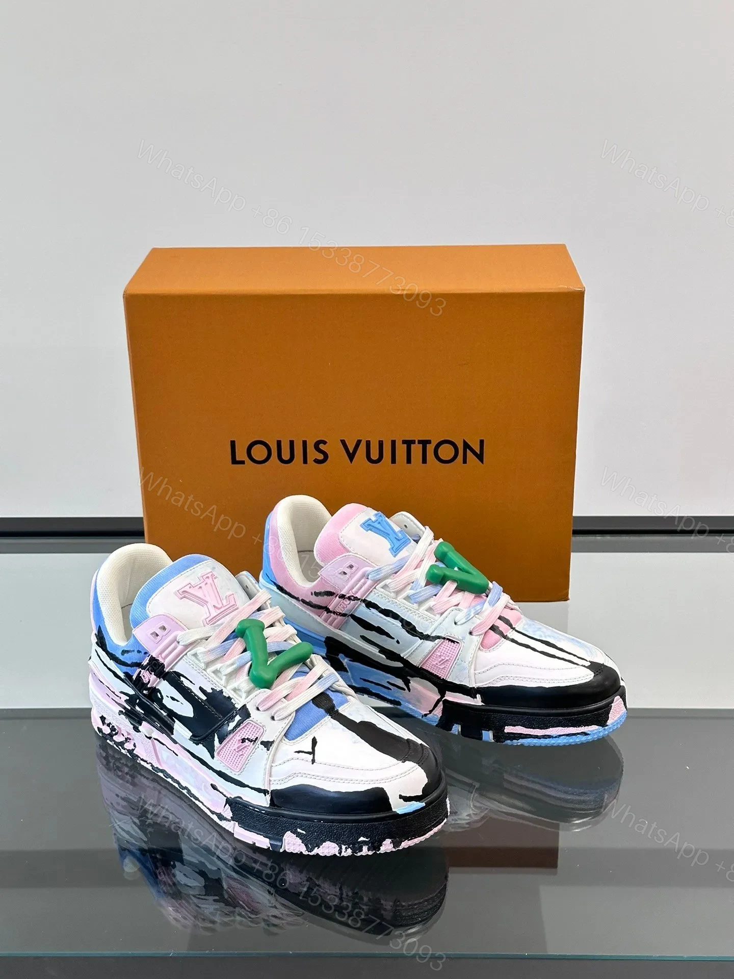 View 5 of LV Men White Pink Blue Leather Sneakers