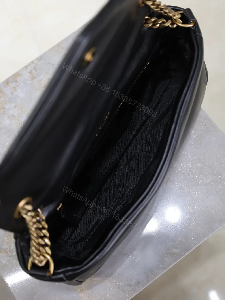 View 3 of Chic Black Leather Satchel with Gold Logo Hardware