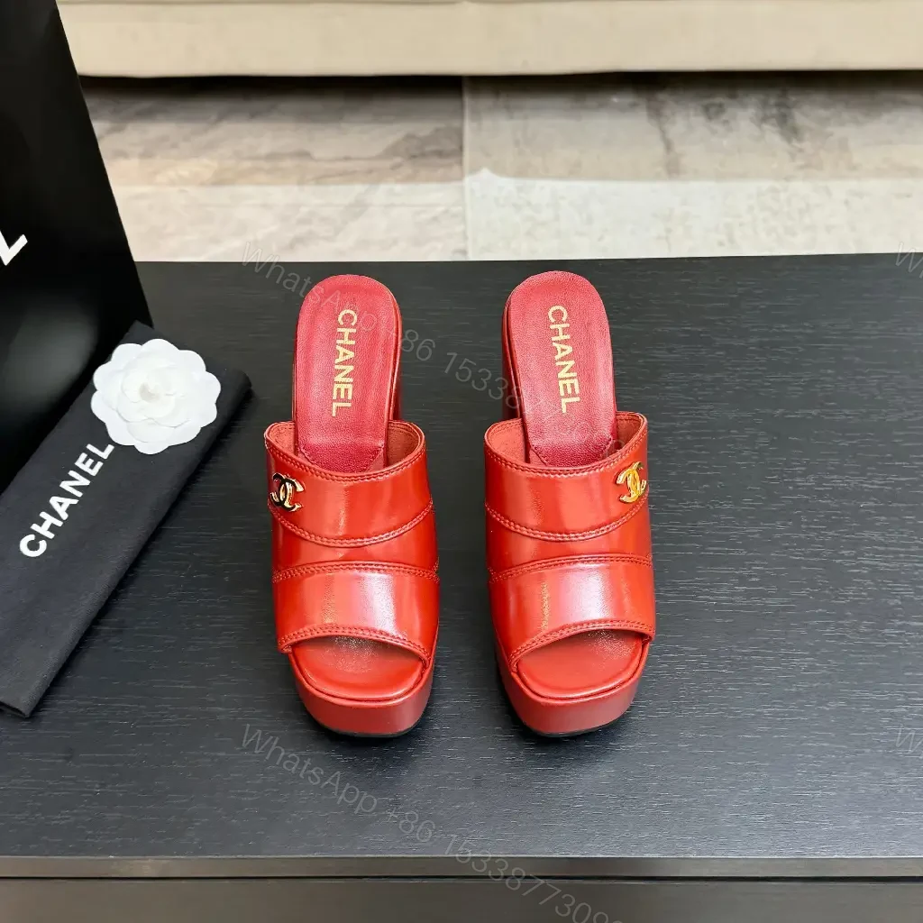 View 3 of Bold Red Platform Mules with Gold Logo Hardware