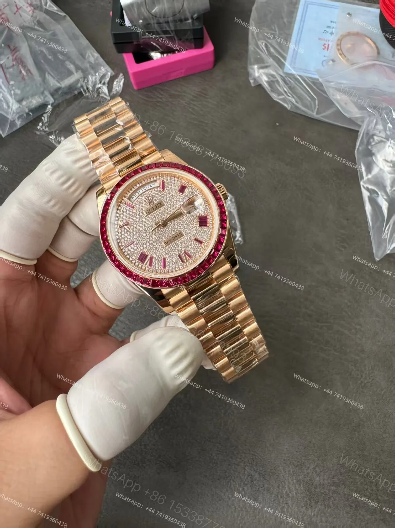 View 26 of Rolex Day-Date 228398TRU 1:1 Custom Edition Ruby & Moissanite Diamond Dial and Bezel 40MM 3255 Movement Super Clone Watch