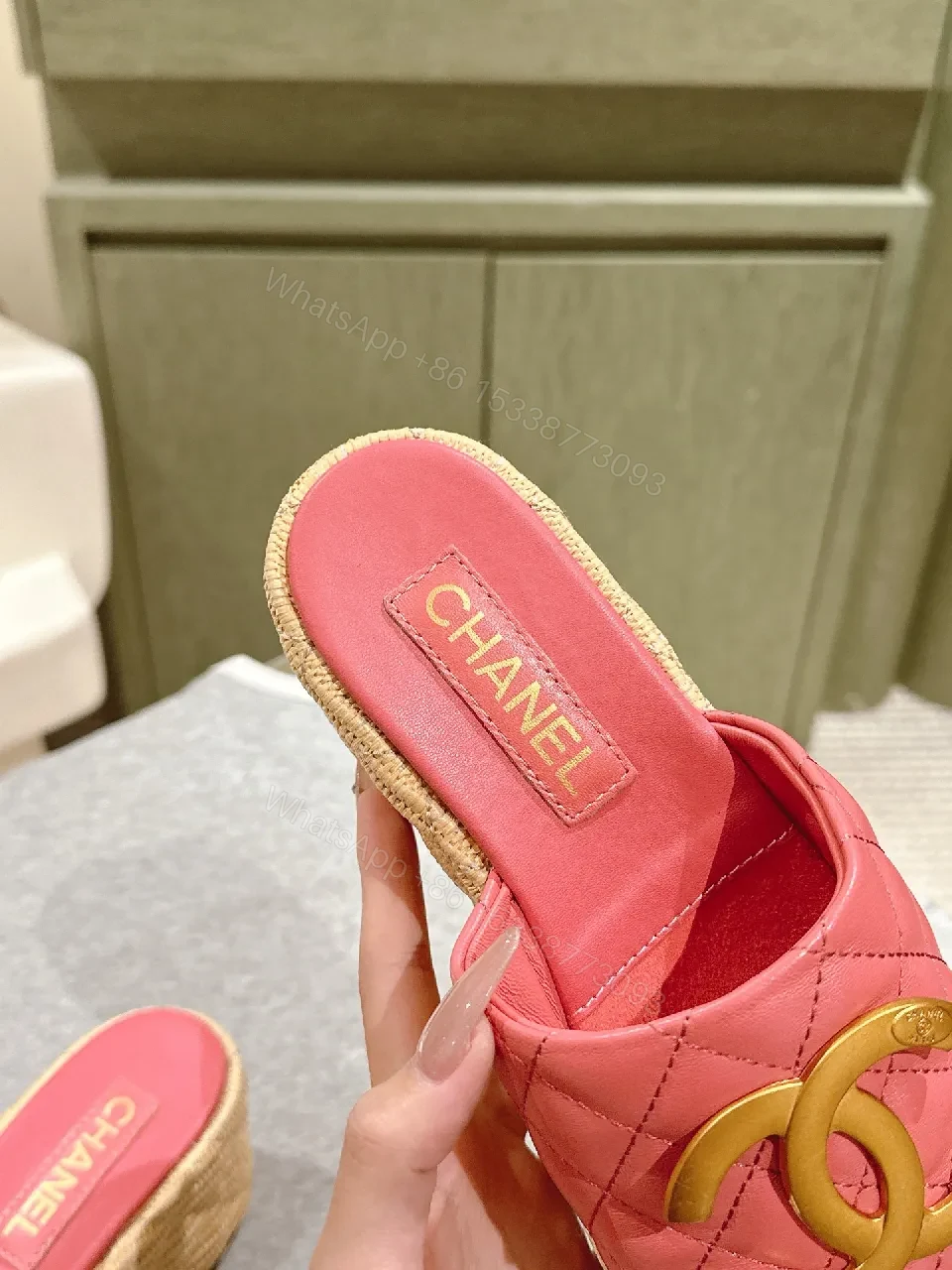 View 9 of Pink Quilted Espadrille Platform Sandals with Metallic Hardware