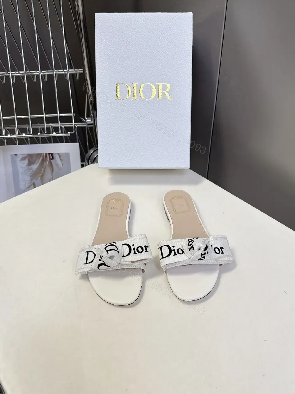 View 2 of White Satin Dior-Logo Slide Sandals