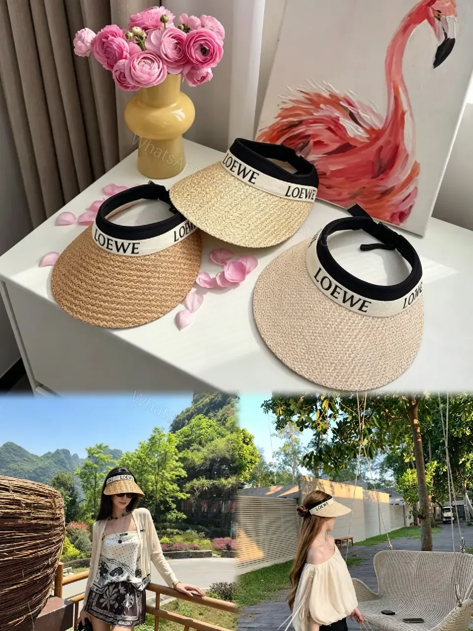 View 2 of Natural Beige Straw Visor Hat — Wide-Brim, Elastic Band, LOEWE Band