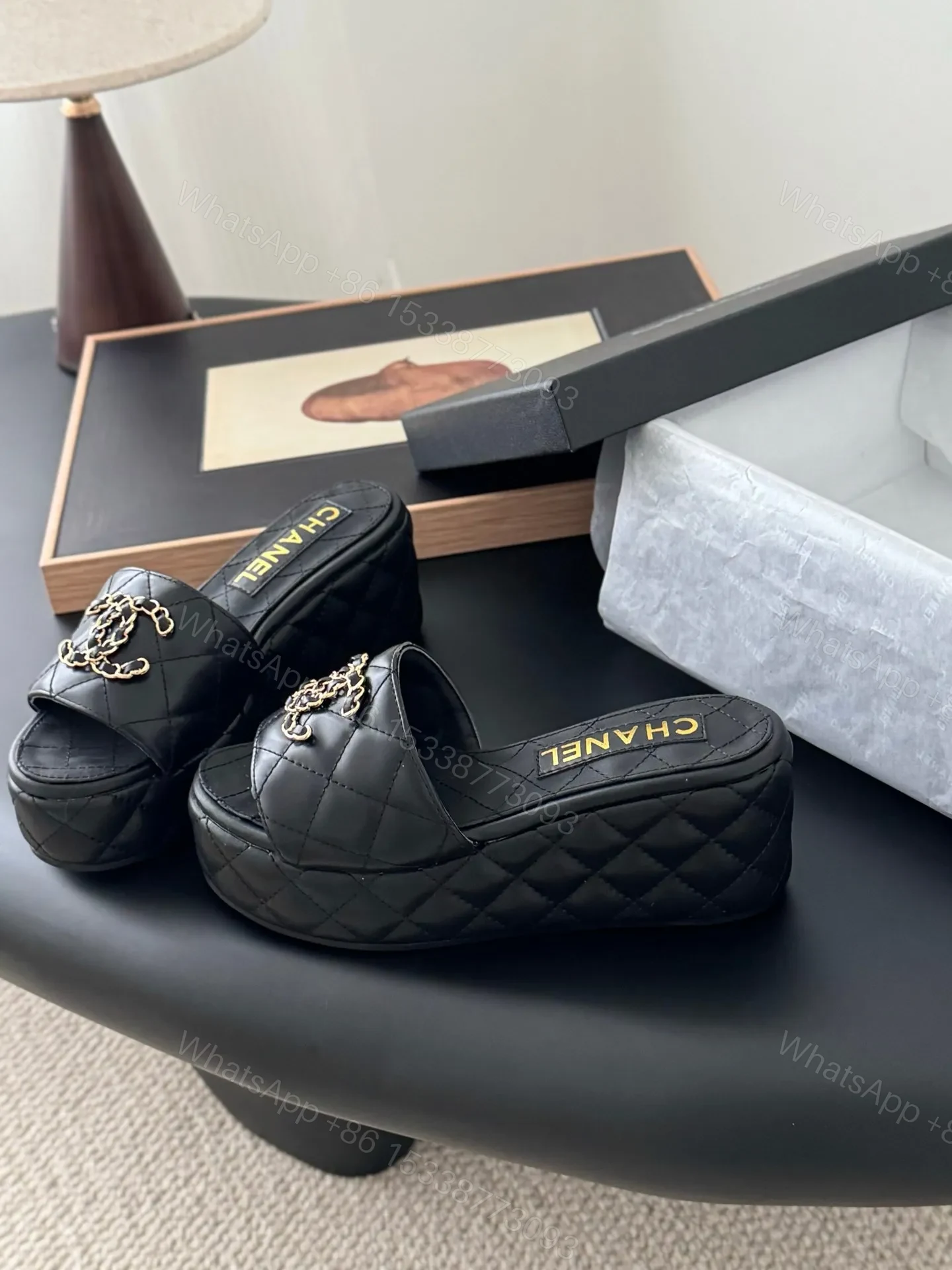 View 2 of Chanel Women Black Leather Quilted Slides