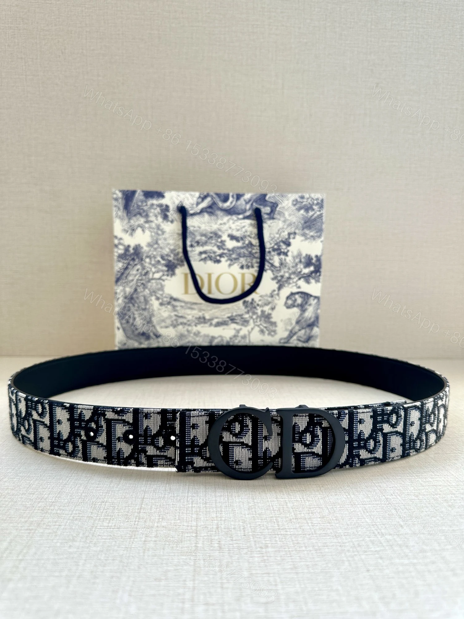 Dior 高仿 男款 CD Oblique老花帆布皮帶 黑色扣 精品潮流款 — view 1
