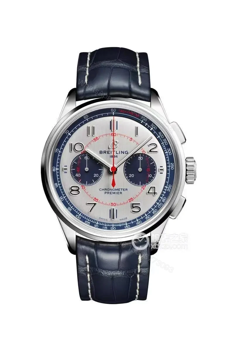 OM Factory Breitling Premier B01 Chronograph Watch – Blue and White Dial, Leather Strap, 42mm Stainless Steel Case — view 1