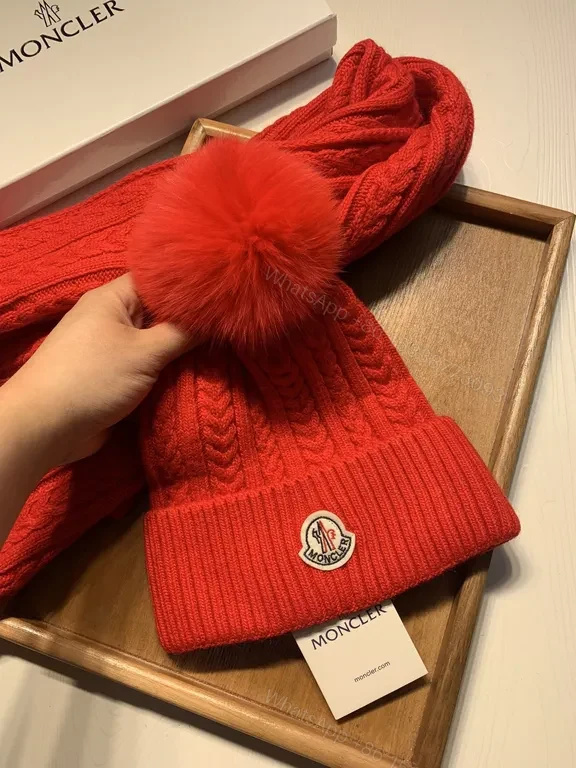 View 4 of Bold Red Cable Knit Beanie + Scarf Set by Moncler, Unisex Premium Knit