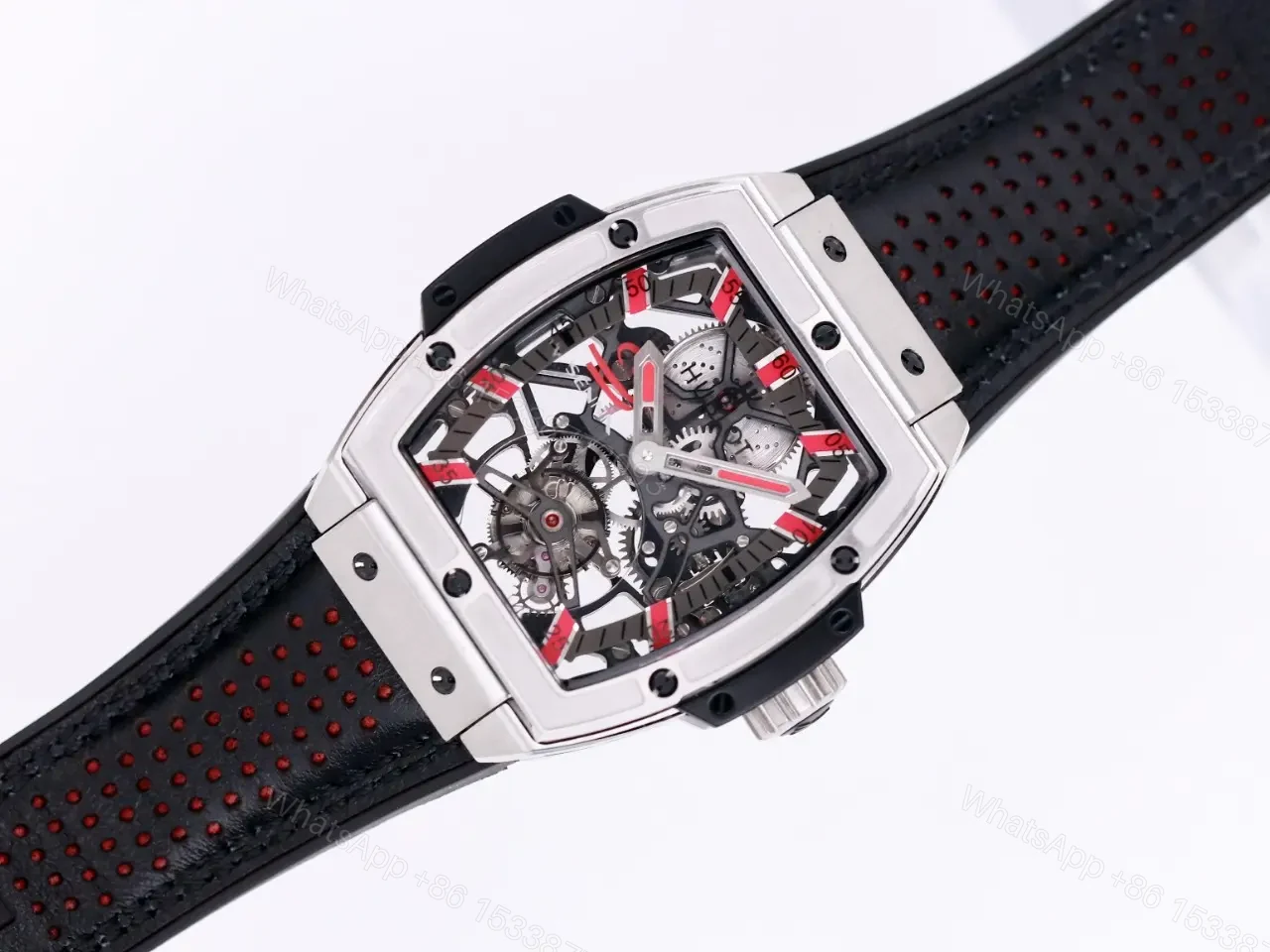 View 2 of Hublot Masterpiece Series 906 Custom Tourbillon Watch Rose Gold/Platinum Black and Red Leather Strap