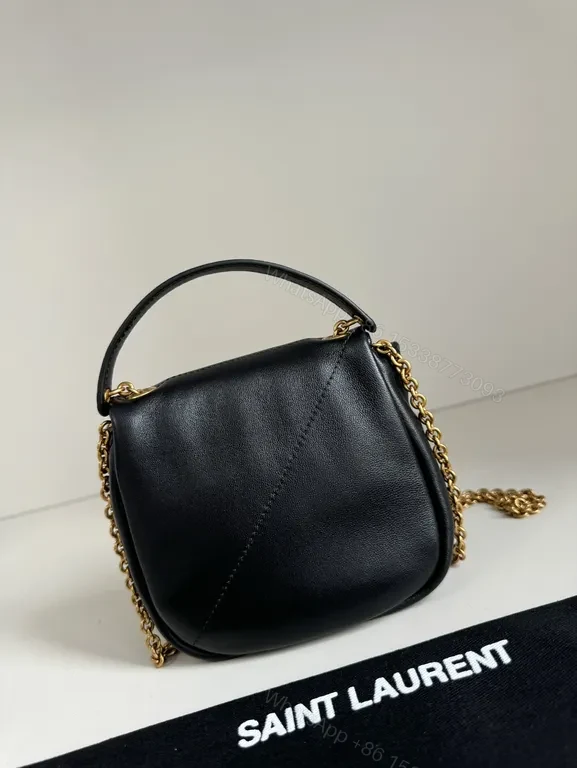 View 7 of Black Leather Mini Saint Laurent Bag with Gold Hardware, Compact Luxury, Crossbody/Top Handle