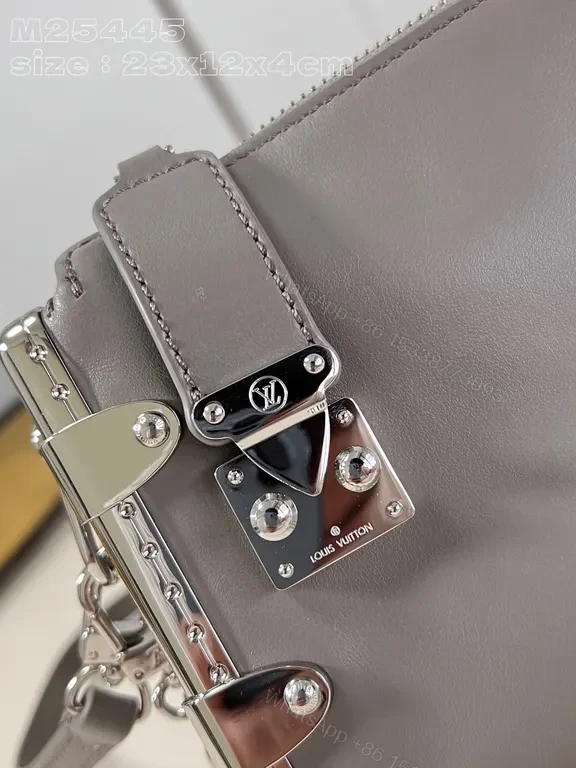View 7 of Grey Leather Boxy Satchel, Silver Chain, LV Logo, Top Zip Bag