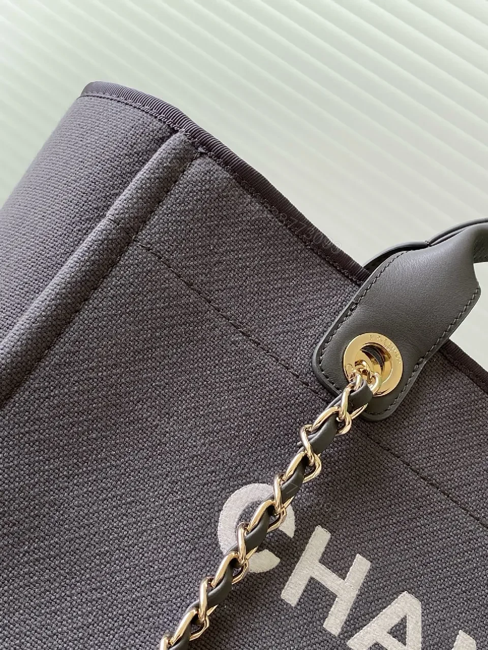 View 3 of Charcoal Canvas Tote: Leather Handles, Chain Accent, Structured Designer-Inspired Tote