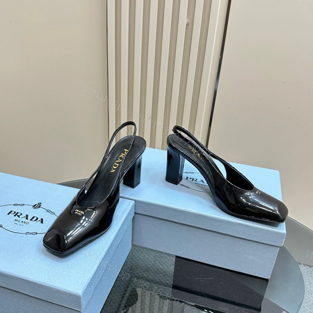 View 5 of 高仿Prada*1I838N方頭粗踭露跟鞋8.5CM漆皮黑色免檢版