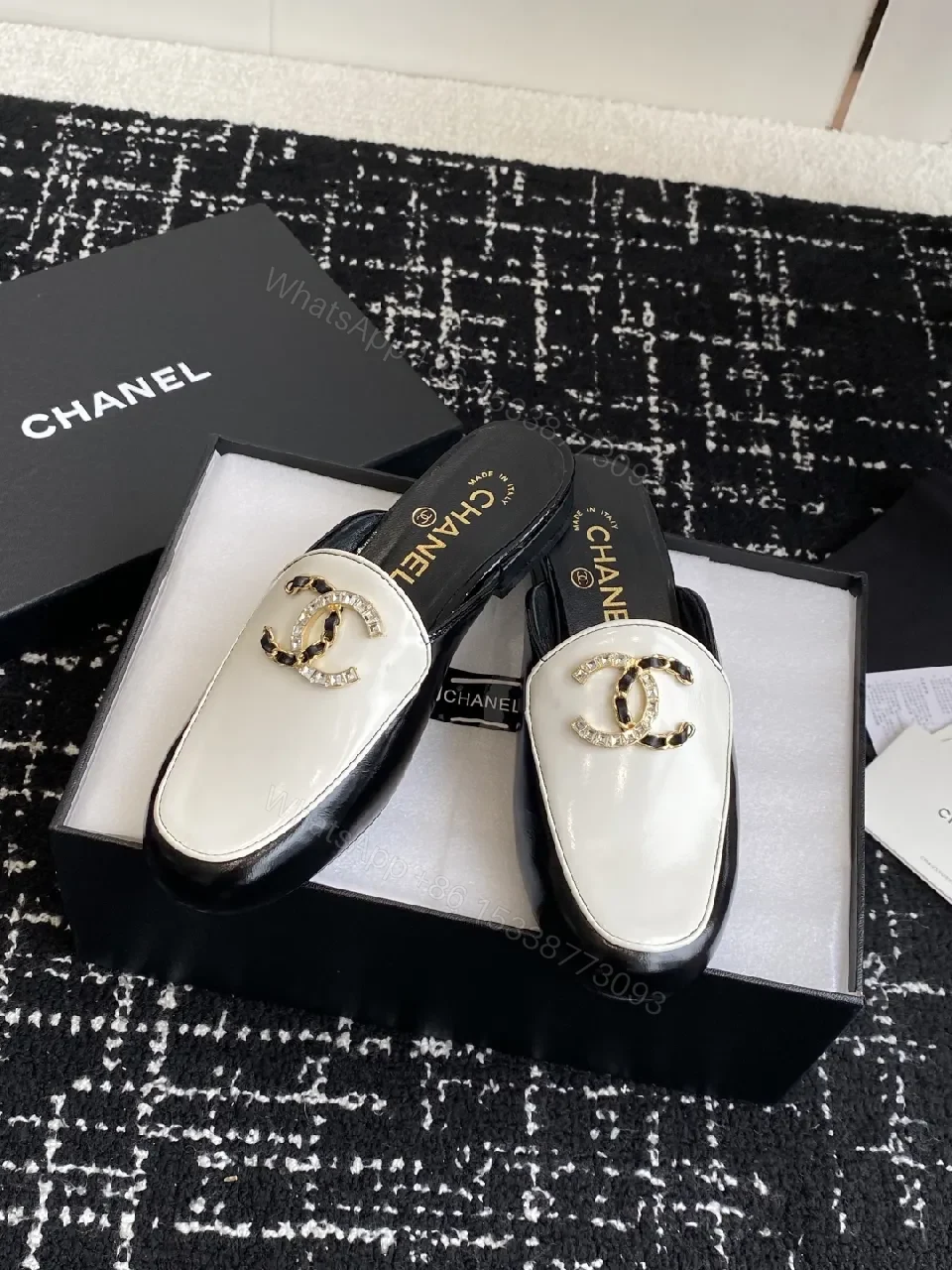 View 9 of Ivory-Black Leather Mules: Gold-C Logo Slip-Ons