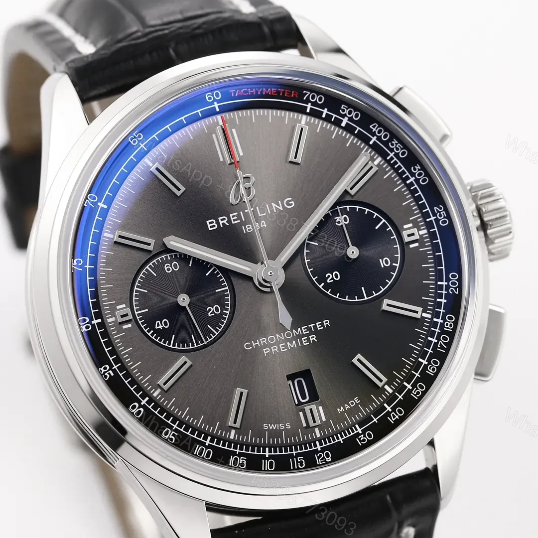 View 4 of GF Factory Breitling Premier B01 Chronograph Watch – Black Dial, Blue Bezel, Stainless Steel Case, Leather Strap