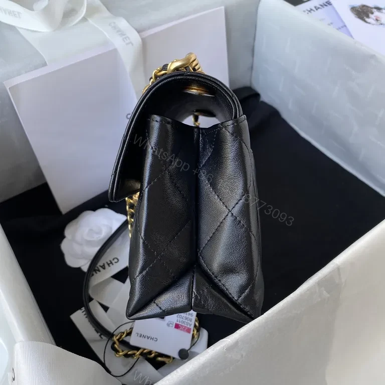 View 6 of Quilted Noir Lambskin Flap Bag with Gold Chain