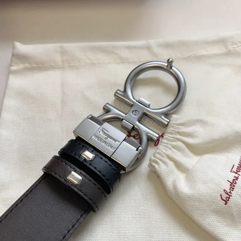 View 5 of Black Calfskin Leather Belt â€” Ferragamo Double Gancini, 3.5cm, Luxury Style