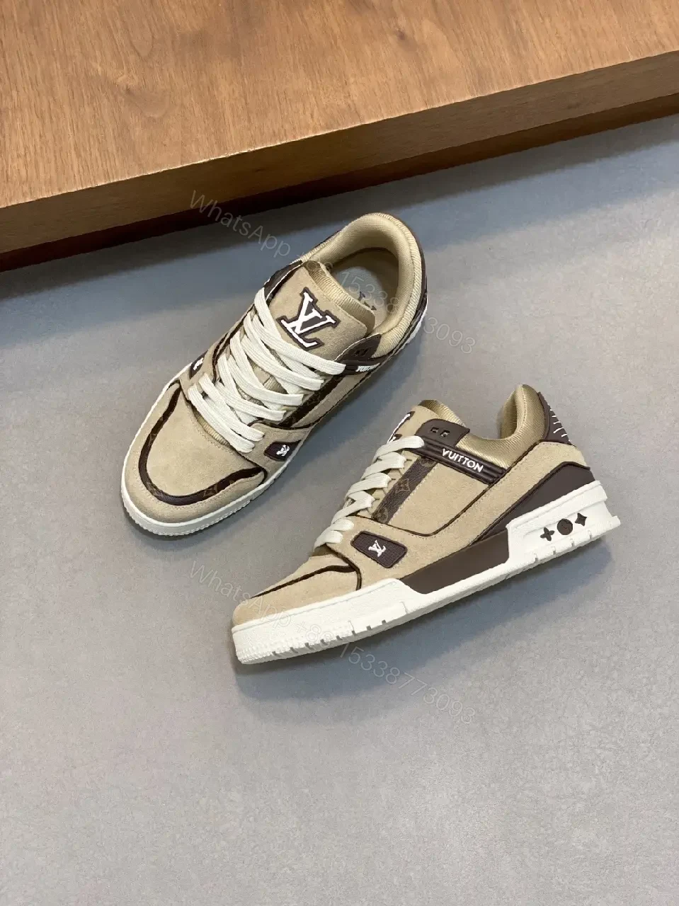 View 9 of Beige Canvas Louis Vuitton-Style Sneaker with Iconic Accents
