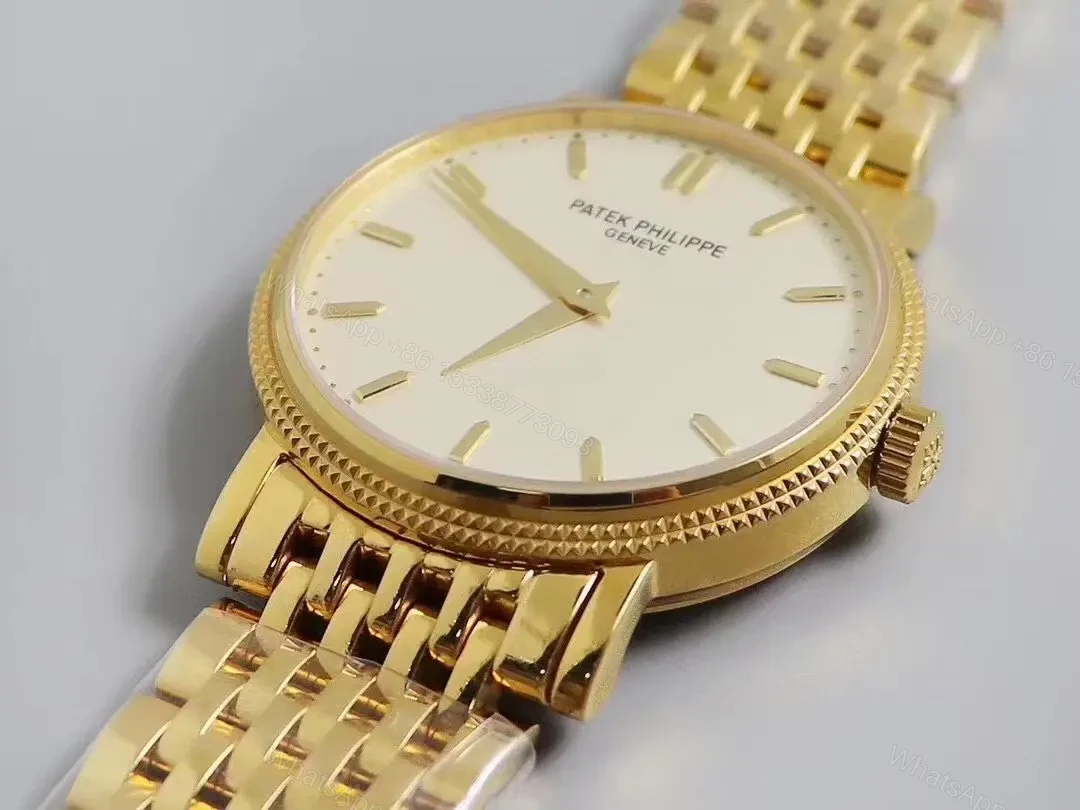 View 2 of Patek Philippe Calatrava 5120G Gold Watch with White Dial Roman Numerals and Baton Hands Ultra Thin Design with Italian Leather Strap