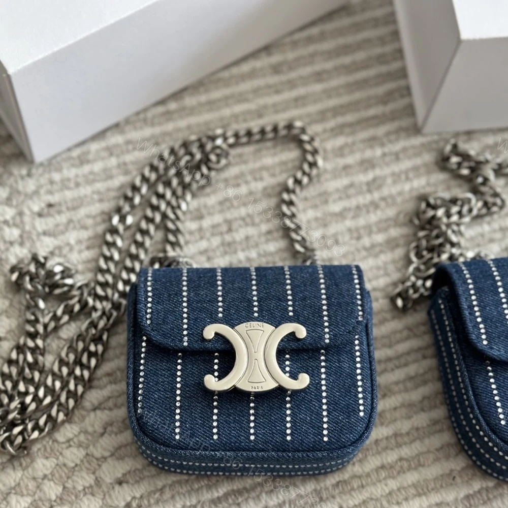 View 2 of CELINE MINI CHAIN CLAUDE IN STRIPED DENIM WITH STRASS BLUE 12CM 10L842GGJ 07DD