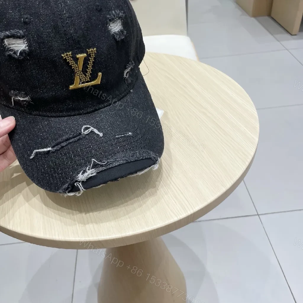 View 3 of Distressed Denim Cap / Gold Emblem / Casual Luxury / Subtle Statement / Cap