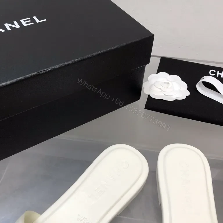 View 5 of Chanel-Inspired White Leather Slides with Bold Logo Strap